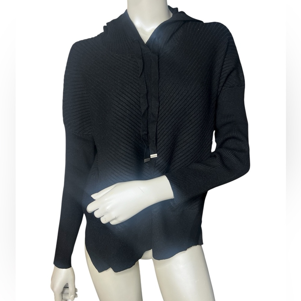 Stitchdrop Black Viscose blend Ribbed Long Sleeve Knit Sweater Hoodie